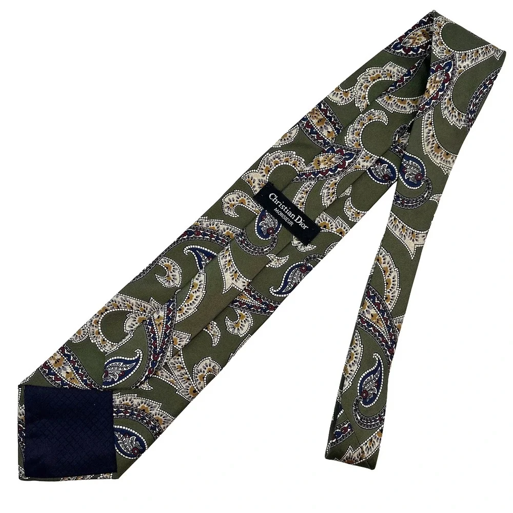 CHRISTIAN DIOR Men's Paisley Neck Tie • 100%‎ Silk • olive green, multicolor